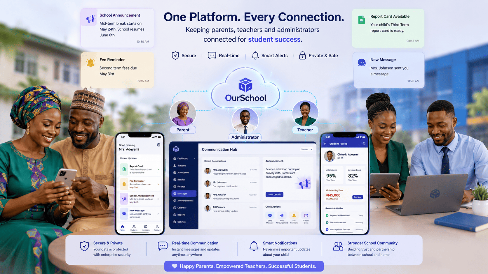 Parent communication dashboard with announcements and fee reminders